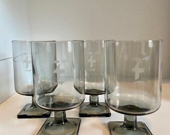 MCM Grey "Nordic Midnight" Water Goblets Monogrammed "F" Set of 4