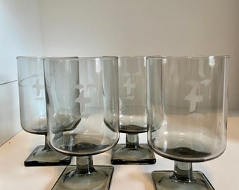 MCM Grey "Nordic Midnight" Water Goblets Monogrammed "F" Set of 4