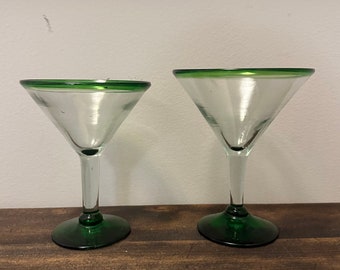 Vintage Green Hand Blown Martini Glasses Set of 2