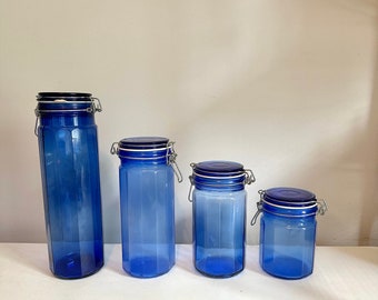 Vintage Cobalt Blue Wire Bale Canisters Set of 4