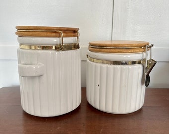 White Wire Bale Canisters with Wood Lid Set of 2