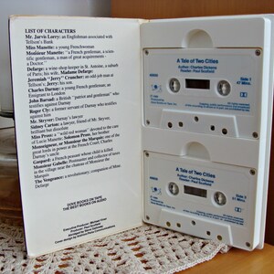 May include: An open book displaying a list of characters from "A Tale of Two Cities" and two audio cassette tapes. The tapes are white with black text, detailing the book title, author, and reader.