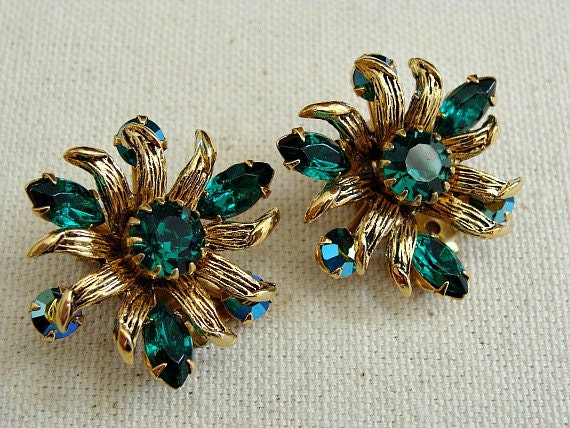 Vintage / Clip On / Earrings / Green / Rhinestones - image 2