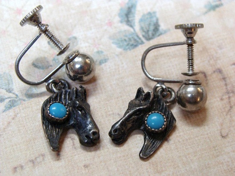 1950s Horse Head Earrings Sterling /& Turquoise Southwestern Charms Upcycle