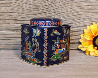 Vintage Cashew Tin / Designed By Daher / NY 11101 / Made In England / Asian Themed / Dark Blue / Empty Container / USED