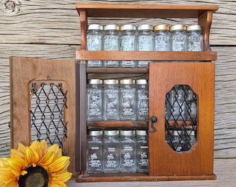 1973 Spice Cabinet / Crystal Food Products / Hanging Wooden Rack / 3 Tiered / 21 EMPTY Glass Jars / Complete Set  / 1970s Kitchen / Vintage