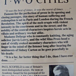 May include: The cover of "A Tale of Two Cities" features text and a portrait of Paul Scofield. The title is in a decorative font. The text describes the story's themes of suffering, redemption, and the French Revolution.