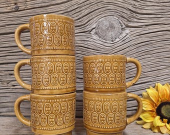 1970s / Stacking Cups / Set of Five (5) Small Mugs / Light Caramel Brown / Marked Japan