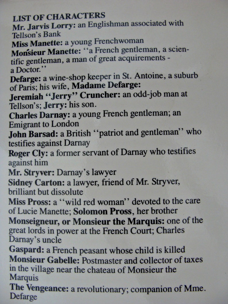 May include: A printed list of characters from a novel, with names and brief descriptions. The text is in black font on a white background. The title "LIST OF CHARACTERS" is at the top.