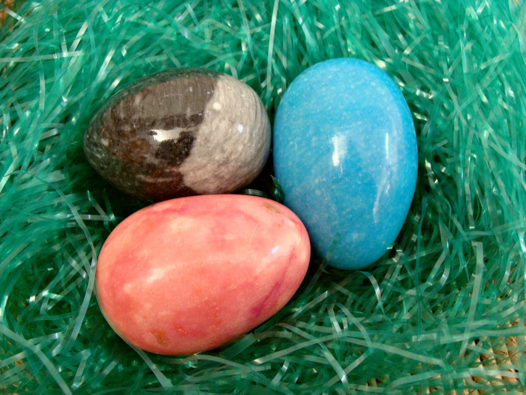 Vintage / Polished Stone Eggs / Spring Decor / Three 3 Eggs / Easter / Colorful / Pink / Blue