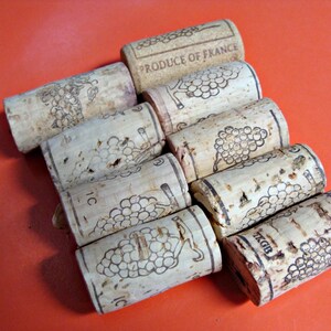 May include: A close-up of a group of cork wine bottle stoppers with a grape design and the text "PRODUCE OF FRANCE".