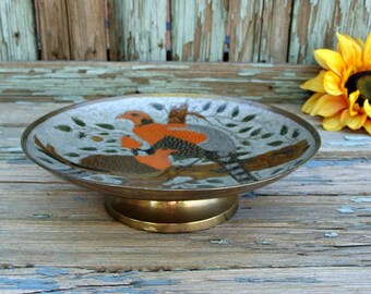 Pheasant Family Brass Pedestal Bowl Decorative Bird Motif Enameled Cloisonne