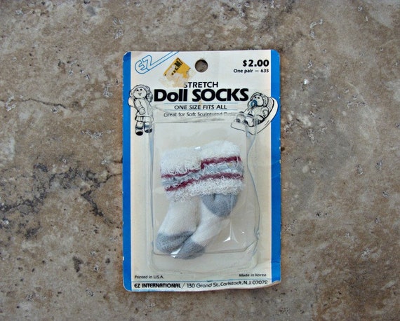 Stretch DOLL SOCKS / One Size Fits All / EZ International / Unopened Like New / White, Gray, Burgundy / Stripe Top / Made In Korea Vintage