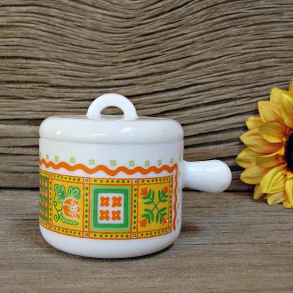 1970s / AVON / Patchwork / Lidded Pot / Candle Holder / White Milk Glass / Retro Container / Orange, Yellow & Green