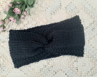 Knitted Headband / Knit Ear Warmer / BLACK / Twisted Style / 100% WOOL / Handmade / 4" Wide Band / Patrons Classic Wool / Adult Size