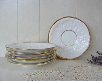 Seven (7) / Vintage / Royal Stafford / Finest Bone China / Old English Oak / Saucers / White & Gold Trimmed / England / Reg No 764261
