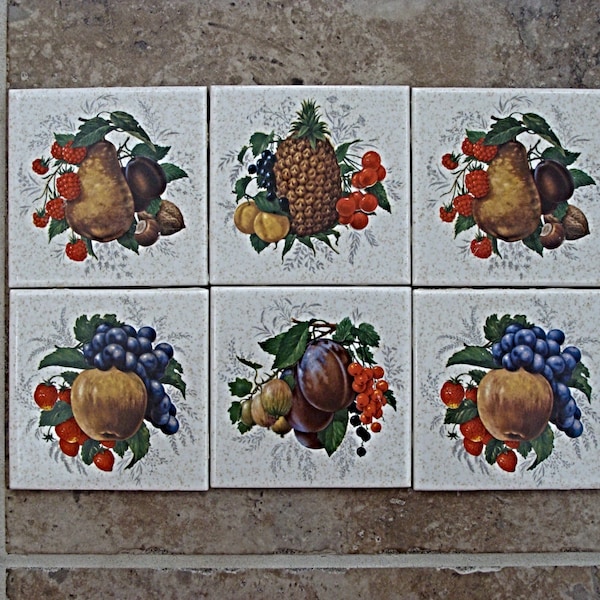 1970s / Vintage / Vegetable & Fruit Tiles / Set of Six (6) Dal-Tile / Kitchen Accent Tile / Made In Mexico / USED / Recycle