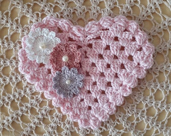 ONE Single Heart Doily / Handmade / Small Pink Doily / Crochet / Embellished Valentine Doily / Love Friendship Symbol / Dresser Top Decor