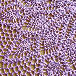 May include: A close-up of a purple crocheted doily with a delicate, intricate pattern.