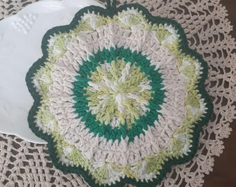 Handmade / Scalloped Pot Holder / Round Crocheted / 9 1/4"D / One Hot Pad / Hostess Gift / DOUBLE THICK / Large / Shades of Green / COTTON