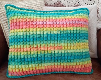 Handmade Throw Pillow / Textured Crocheted Decor / Colorful Retro Stripe / Happy & Bright Colors / Accent Pillow / Approximately 16" x 13"