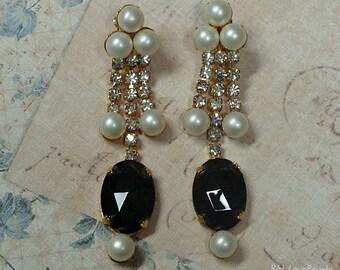 Vintage Clip On Rhinestone Faux Pearl Black Drop Earrings LARGE