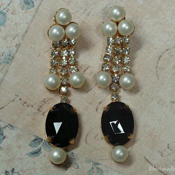 Vintage Clip On Rhinestone Faux Pearl Black Drop Earrings LARGE