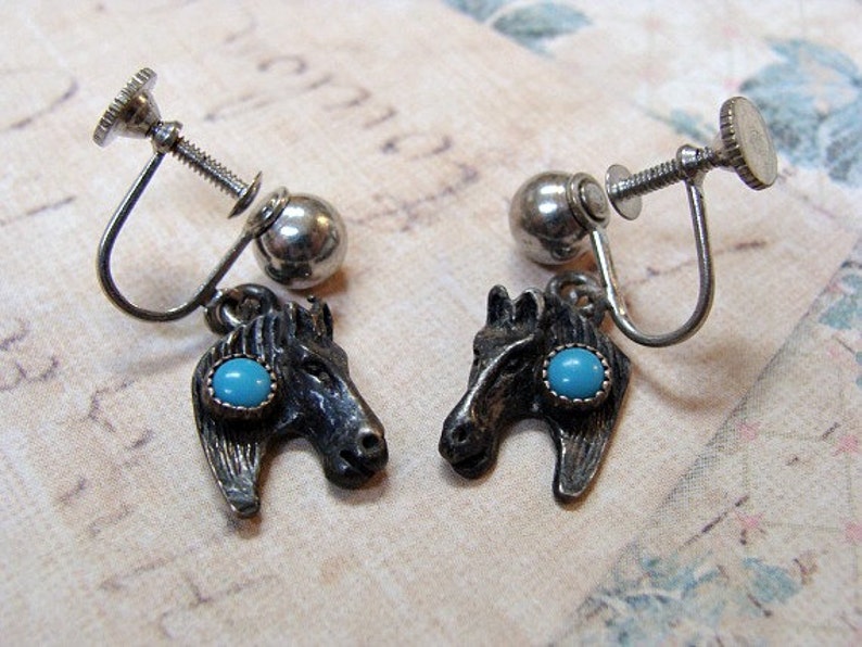 1950s Horse Head Earrings Sterling /& Turquoise Southwestern Charms Upcycle