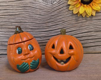 1980s / Pumpkin Pair / Hand Painted Ceramic Pumpkins / Smiling Jack-O-Lantern & Lidded Container / Fall Holiday Decor / Vintage Halloween