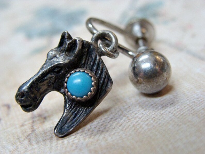 1950s Horse Head Earrings Sterling /& Turquoise Southwestern Charms Upcycle