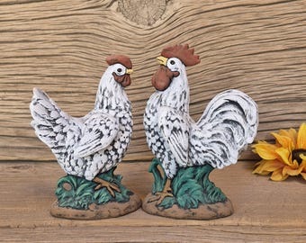 1991 / Rooster & Hen Figurine Set / Hand Painted / White Chickens  With Black  Accents / Vintage Country Farmhouse Chicken Decor