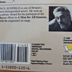 May include: A vintage audio cassette case with a portrait of Paul Scofield. The case includes text about the actor and the title "A Man for All Seasons." The case also has a barcode and the Dove Books on Tape logo. Total playing time is approximately 3 hours.