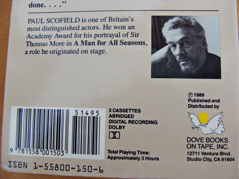 May include: A vintage audio cassette case with a portrait of Paul Scofield. The case includes text about the actor and the title "A Man for All Seasons." The case also has a barcode and the Dove Books on Tape logo. Total playing time is approximately 3 hours.