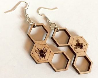 Honey Bee Hexagon Dangle Earrings