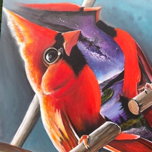 以下が含まれることがあります： 2羽の赤いカージナルを描いた絵画。片方の鳥の体の中に銀河があります。鳥たちは、星空の夜空を背景に、枝に止まっている。