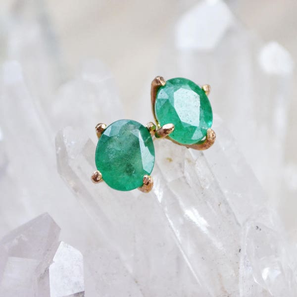 emerald stud earrings /// 7x5mm untreated oval cut brazilian emeralds set in gold or silver prongs • gemstone studs • may birthstone