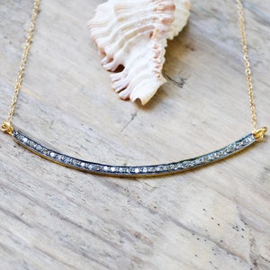 diamond pave bar necklace /// natural diamond pave /// long skinny curved bar layering necklace • mixed metal jewelry • READY TO SHIP