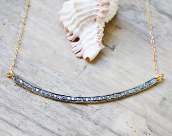 Diamond Pave Bar Necklace: 24k Gold Vermeil, Genuine Tiny Diamonds, Gemstone Pendant, Imperfect Piece