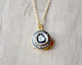 Polki Diamond Solitaire Necklace: Sterling Silver Vermeil, Pave Diamonds
