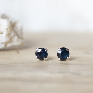 May include: A pair of silver stud earrings with dark blue round gemstones.