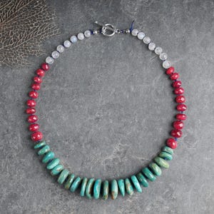 Gemstone Necklace: Nacozari Turquoise, Rainbow Moonstone, Ruby, Sterling Silver