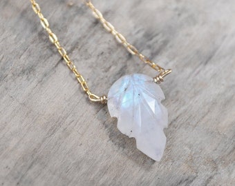 rainbow moonstone necklace /// small hand carved leaf moonstone pendant • minimalist gemstone jewelry • june birthstone