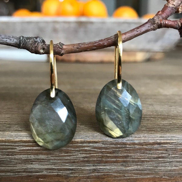 labradorite earrings /// yellow- green labradorite dangle earrings in 14k gold fill • modern gemstone earrings • READY TO SHIP