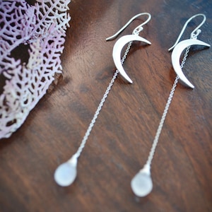 moon crescent and rainbow moonstone earrings /// long drop dangle earrings • the Khaleesi earrings • READY TO SHIP