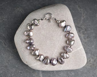 Pearl Bracelet: Gray Purple Natural Keshi Pearls, Sterling Silver, Beaded Bracelet, Gemstone Jewelry