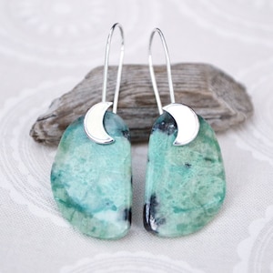 chrysocolla earrings /// natural chrysocolla dangle earrings in sterling silver with moon crescents • one of a kind gemstone • READY TO SHIP