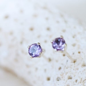 amethyst stud earrings /// tiny 3mm purple amethyst set in sterling silver or gold • dainty gemstone earrings • february birthstone