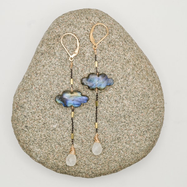 labradorite + moonstone earrings // long dangle earrings in mixed metals • nature inspired jewelry • cloudy day earrings # 2 • READY TO SHIP