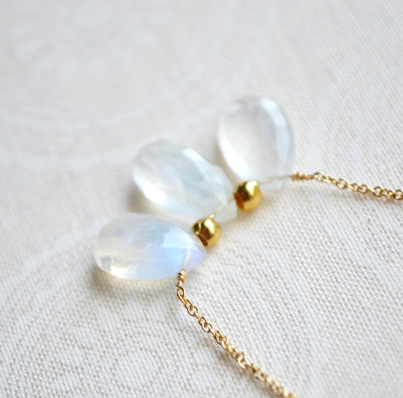 delicate everyday jewelry bridal necklace small rainbow moonstone trio drop necklace june birthstone