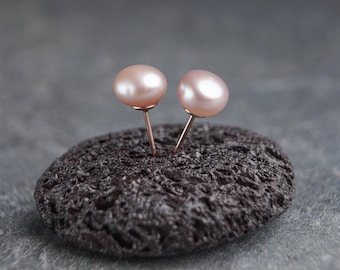 Pink Pearl Stud Earrings: 6mm Freshwater Pearls, Sterling Silver or 14k Gold-Fill